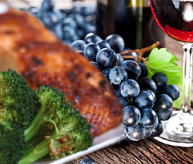 salmon, broccoli, grapes 